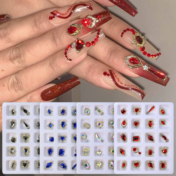 20st 3D Legering Nail Art Hantverk Strass Berlocker Glänsande platt rygg Nagel Kristall Gems Set Manikyr Nailsmycken Diamanter 3