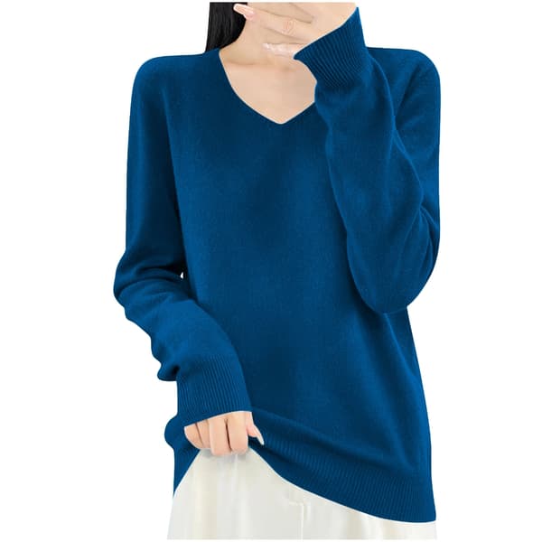 Dam V-ringad stickad tröja Casual Lös Långärmad Pullover Jumper Toppar Algae blue XL