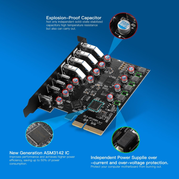 8-portars 20G USB3.2 Type-C PCIE Desktop Expansion Card PCI-E Adapter Stöder Windows2000 mac- Pro Dual 10G ULANSON