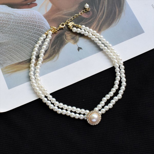 Summer Simple Pearl Necklace Double Simple Retro Temperament Small for Fresh Diamond Crystal Kort nyckelbenshalsband