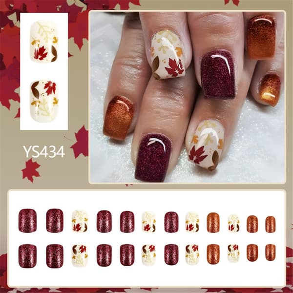 Thanksgiving Press on Nail Short Square False Nail Fall Maple Leaves Designs