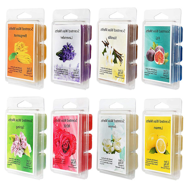 Duftvoks Smelte - Sæt med 8 Assorterede Voksvarmere Kuber/Tærter - Jasmin Rose Bergamot Figen Vanilje Citron Forår Lavendel