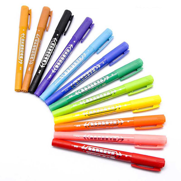 12 st/pack Dubbelfärgade tuschpennor 12 färger Penselpennor med dubbla spetsar Påfyllningsbara ljusa detalj ritpennor för barn Vuxna