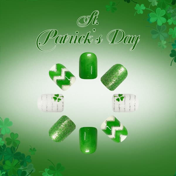 24 stk. St. Patrick's-tema kunstige negle grønne lykkebringere hvide glitrende design