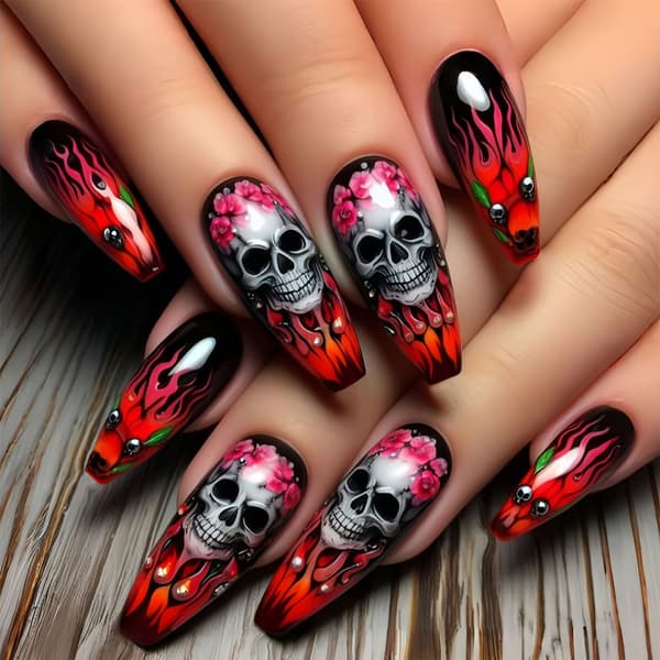 Spooky Skeleton Flower Fake Nail Easy Apply Durability Design for Halloween