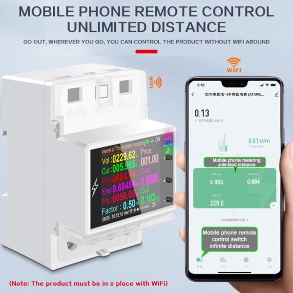 El Power Spänning Ström Monitor WiFi APP-Control Rail Montering Elanvändningsmonitor Fungerar med Tuya-Alexa
