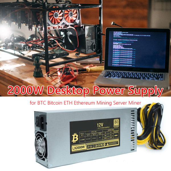 2000W Desktop Power Högeffektiv 6Pin kompatibel för BTC Bitcoin ETH Ethereum Server Miner Mining 10 Wire