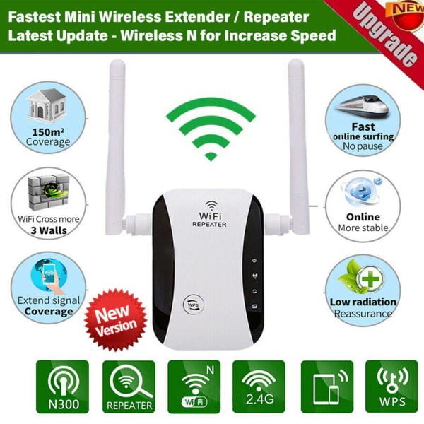 WiFi Range Extender Internet Booster Router Trådlös Signal Repeater Förstärkare Full täckning UK