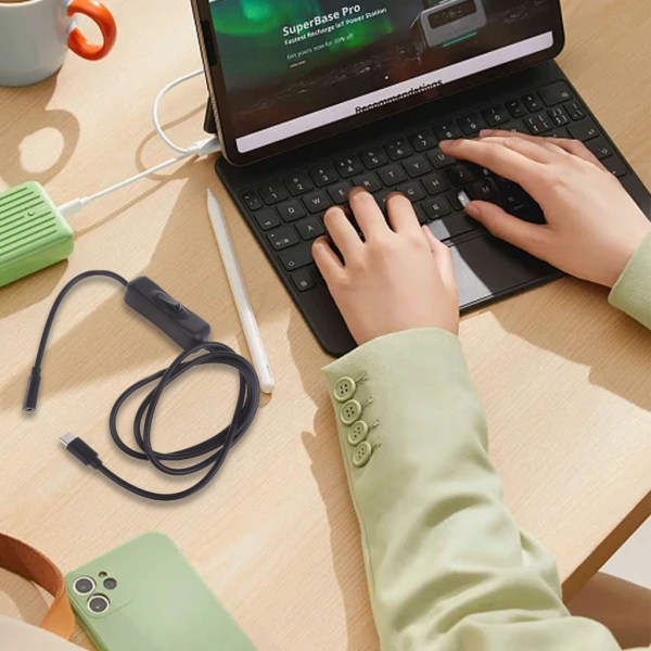 Typ C hane till hona omkopplare Förlängningskabel med knapp Power Kabel för telefon Tablet Fläkt Power Black 30cm