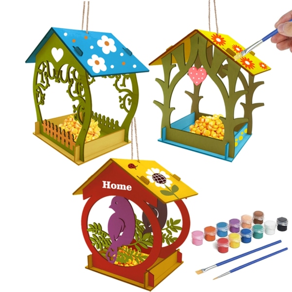 3 st fågelmatare, papegojfröbricka, boet Birdhouse omonterad gör-det-själv-gömställe hantverk för barn att bygga och måla leksak