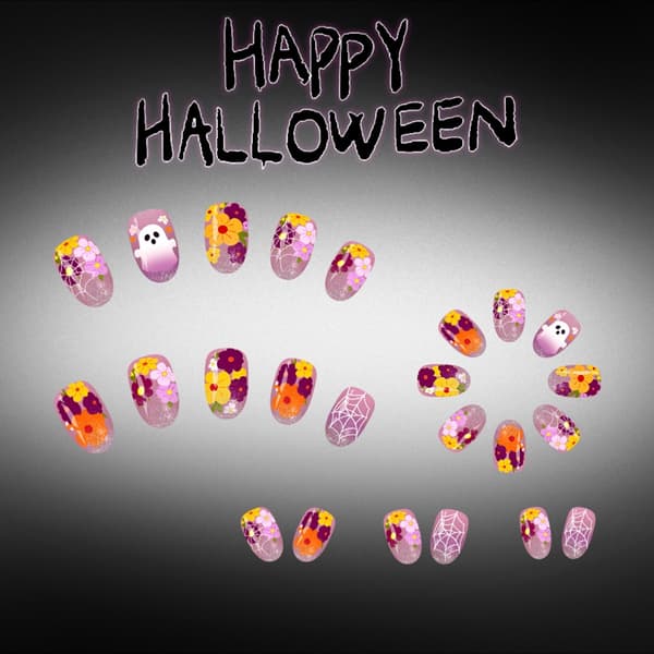 Efterår Halloween Press On Negle med Oval Form og Gyserdetaljer til Kvinder