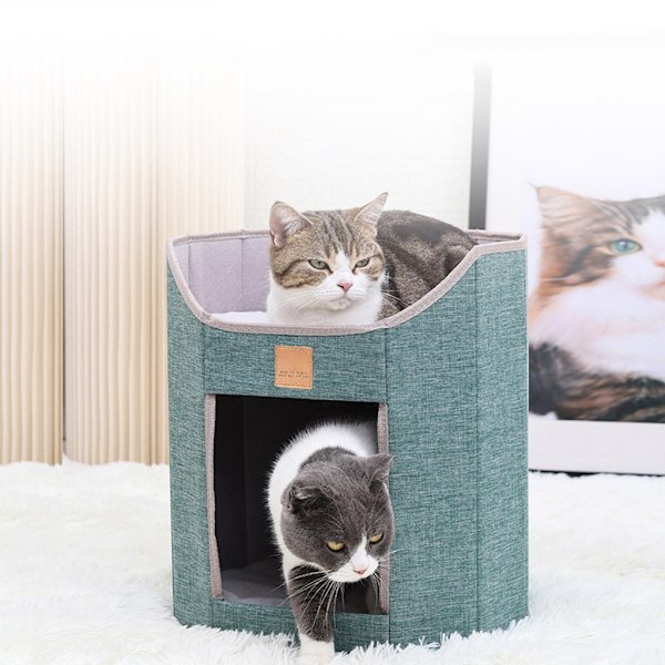 Katthus Hopfällbar kattträdsäng för inomhuskatter Söt grotthus Liten kattunge Sovsäng Dubbeldäck Fyrsäsongshus Green