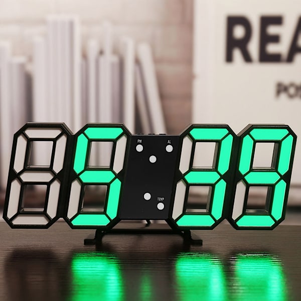 3D LED digital väckarklocka Ljusstyrka Justerbar elektronisk vägghängande klocka Black - Green word
