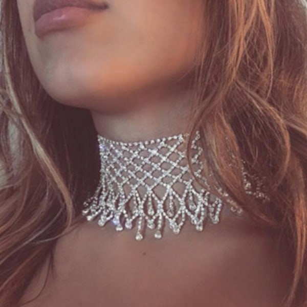 Layered Tassel Crystal för Rhinestone Choker halsband bröllop bred krage Jewelr Silver