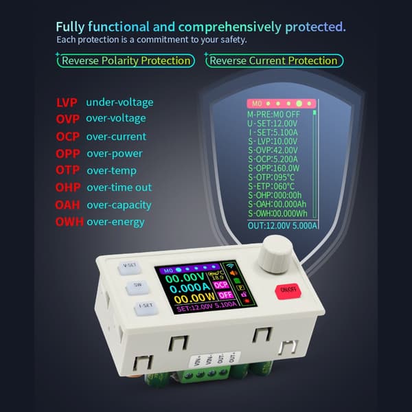 Nedtrappad stabiliserad spänningsströmsregulator med LCD-skärm, hållbar