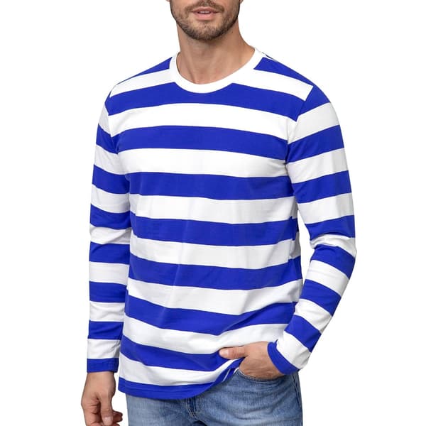 Stribet langærmet T-shirt med rund hals til mænd, basic afslappet top White 4XL