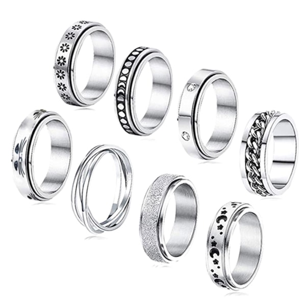 8 delar rostfritt stål fidget ring svängbar ring blommåne Cool ångest ring stress relief bröllopslöfte ring set null - 10