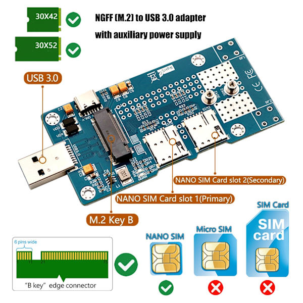 M.2 - USB-sovitin kahdella korttipaikalla, tukee 3G 4G -moduulia USB3.0 M.2
