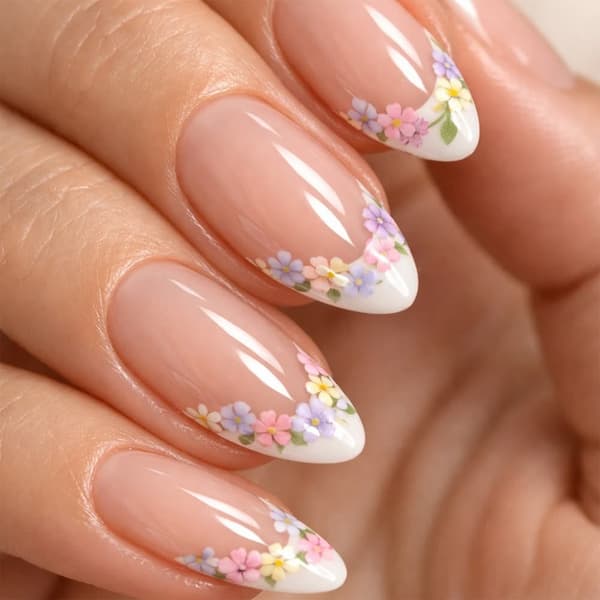 Blomstret fransk press-on manicure sæt, mandelformede bløde lyserøde harpiksstykker