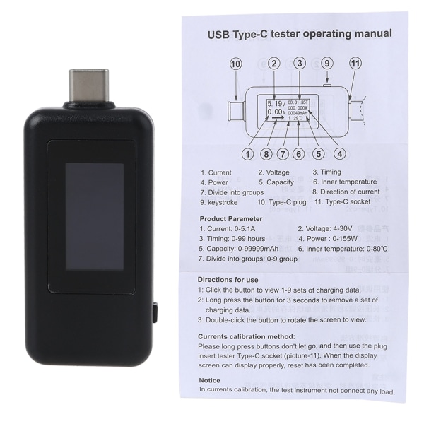 1802C Multifunktions USB Tester Type-C Laddardetektor Digital Voltmeter Amperemeter Spänningsmätare Svart