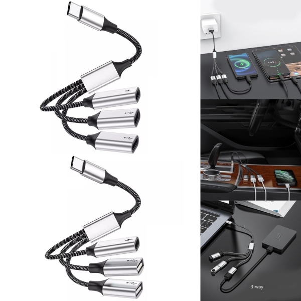 USB C Hub 3 i 1 Typ C USB2.0 Adapter Splitter med 60W power OTG-port Snabb dataöverföring och laddning 2 Type C 1 USB