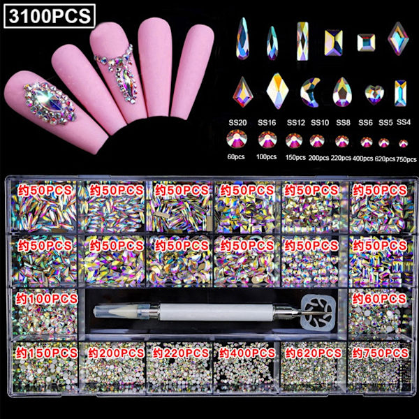 Nagelkonst Strass Kit Multi Former Glas Kristall AB Nagelstenar Nageljuveler Flatback Nagel Ädelstenar Strass för m/ Vax