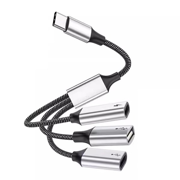 USB C Hub 3 i 1 Typ C USB2.0 Adapter Splitter med 60W power OTG-port Snabb dataöverföring och laddning 2 Type C 1 USB