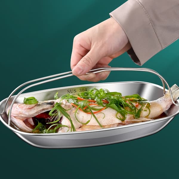 Multifunktionel dampningsplade i rustfrit stål til fisk og servering
