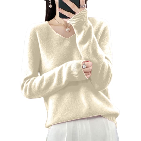 Dam V-ringad stickad tröja Casual lös långärmad pullover Jumper Toppar Beige M