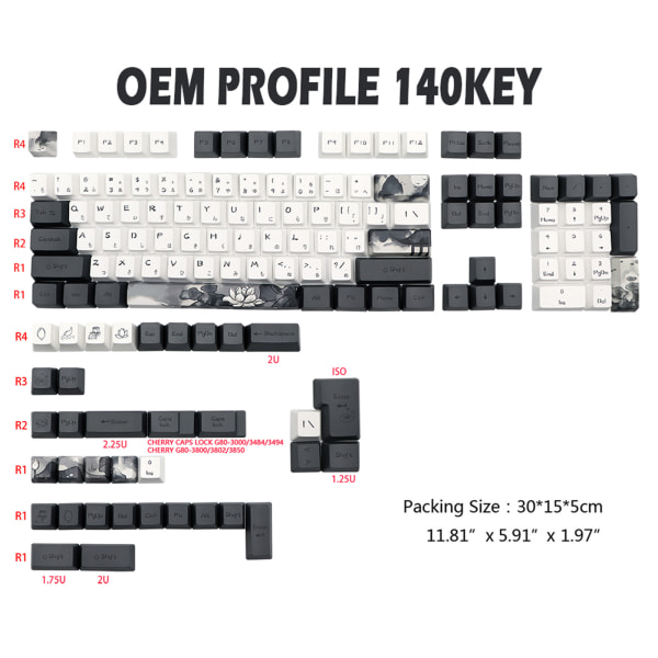 Mekaniskt tangentbord DIY OEM Höjd Keycaps 140-Key Bläck Lotus Japanese Keycap