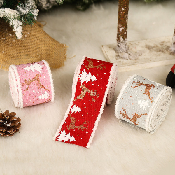 Julband printed säckväv julträd Snöflinga Älgband för presentinslagning Bröllopskransbågar dekoration Pink