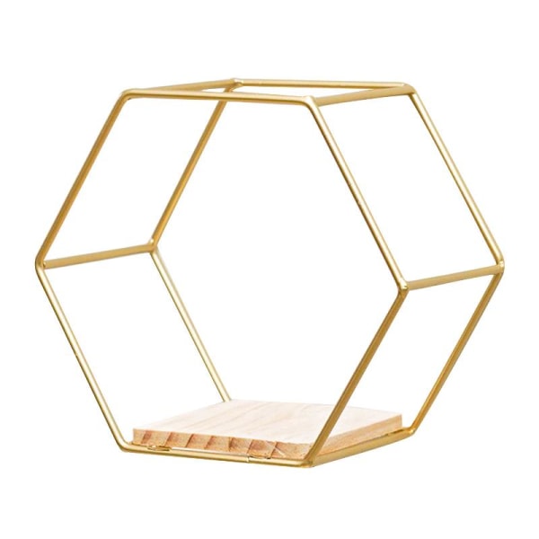 Nordic Wall Mount Flytande Hexagon Hylla Metallramad Förvaringshållare Träställ Gold large