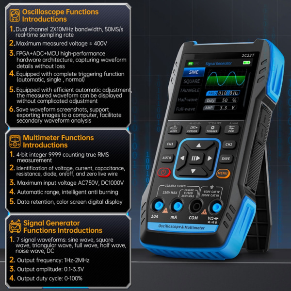 Bärbar 3 i 1 handhållen multimeter digitalt oscilloskop Mångsidig och effektiv DDS-funktionssignalgeneratorer 2,8"-skärm