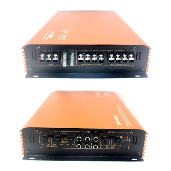 Firekanals bilstereo-forsterker med effektutgang for lydentusiaster