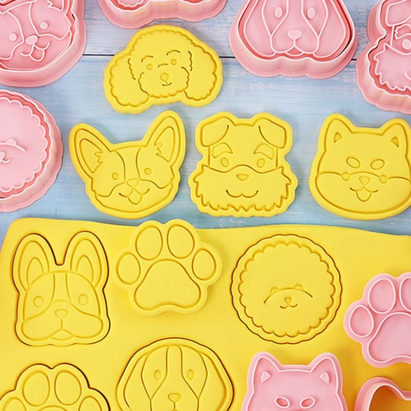 8 st Söta hundar Head Kex fräsar Cookie frimärken Fondant Mould Plast Cookie Cutters Köksbakning Tillbehör