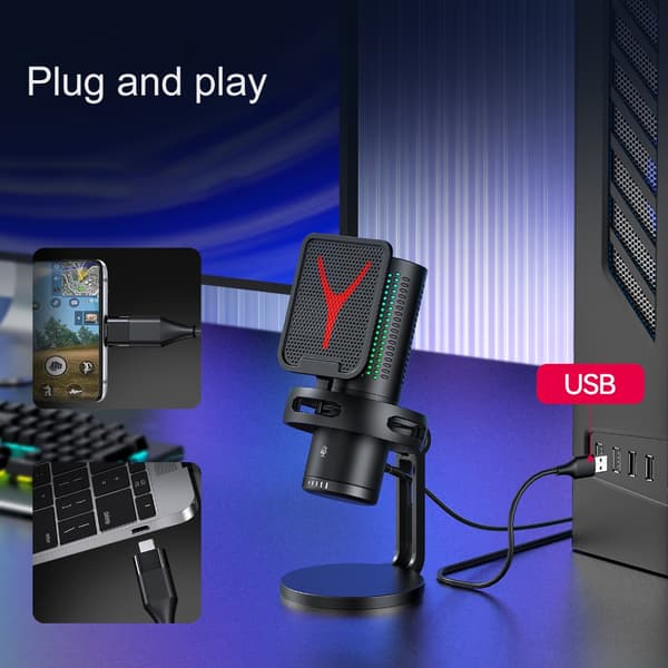 Sort USB-mikrofon med støjreduktion for klar lyd ved streaming og gaming