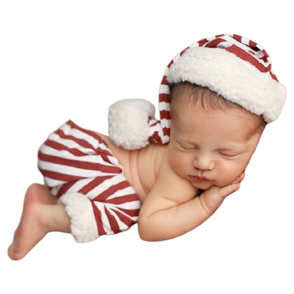 Jul Nyfödda Barn Fotografering Rekvisita Outfits Virkade kläder Jultomten Röda och vita ränder Hatt Byxor Dekoration