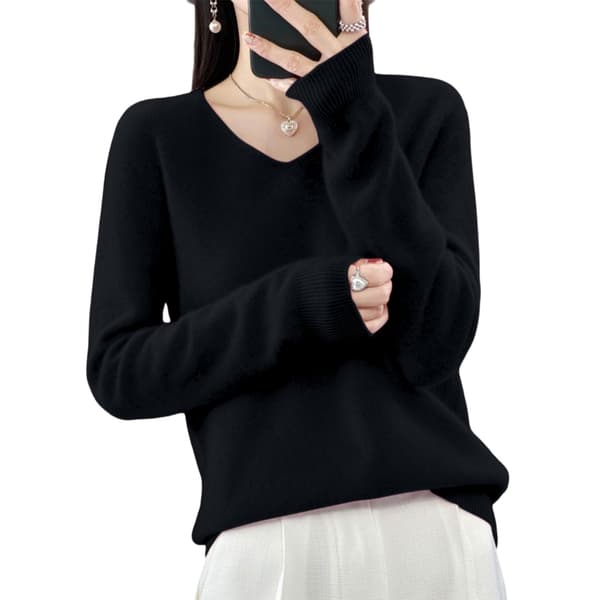 Dam V-ringad stickad tröja Casual lös långärmad pullover Jumper Toppar Black 2XL