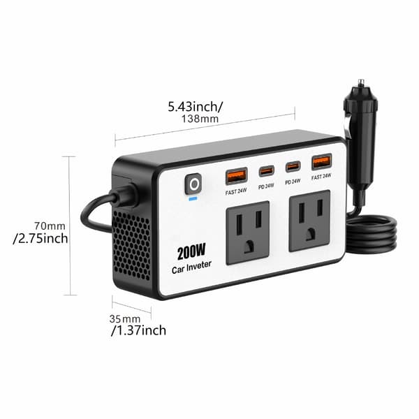 200W Bilinverter DC12V til 110V med USB C og USB A Hurtiglading for Laptoper
