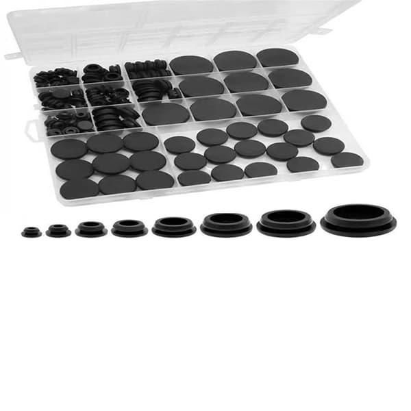Förpackning med 125 elastiska silikonpluggar för 1/5\" 1/4\" 3/8\" 1/2\" 5/8\" 3/4\" 1\" hål