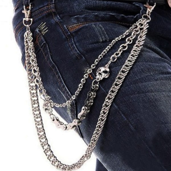 Punk Byxor Kedjor Mode Rock Jeans Midja Accessoarer Herr Hip hop Skull Pendant