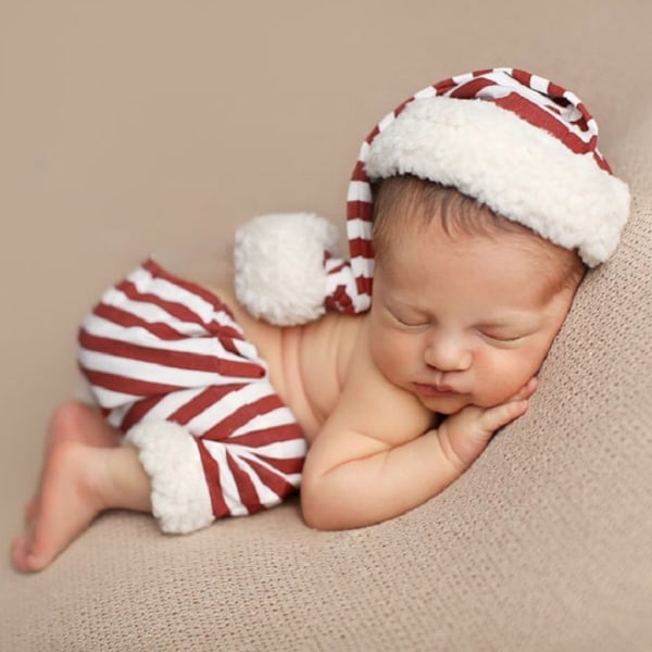 Jul Nyfödda Barn Fotografering Rekvisita Outfits Virkade kläder Jultomten Röda och vita ränder Hatt Byxor Dekoration