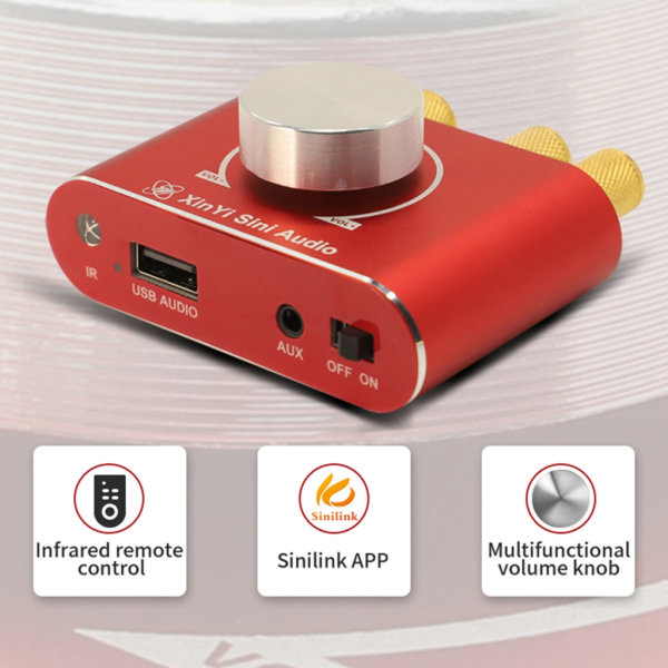 Bluetooth-kompatibel 5.1 stereoförstärkare mottagare Mini HiFi Amp AUX hörlursuttag för hemhögtalare 15Wx2 Red EU
