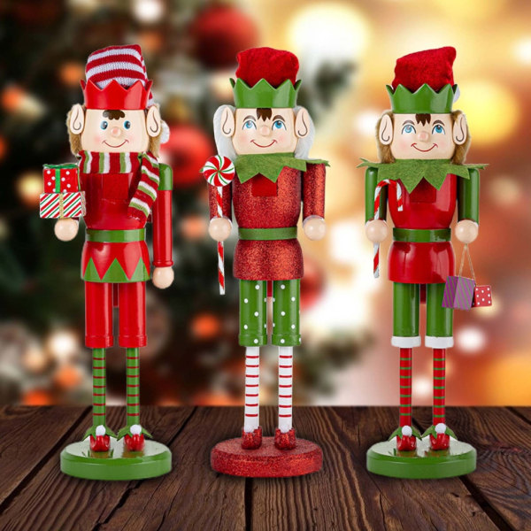 Christmas Elf Holiday Nötknäppare Trä Soldat King med godis Presentförpackning Docka Figurleksaksdekorationer för hyllor Bord Candy