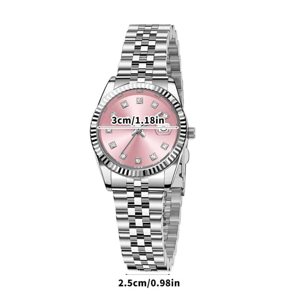 Mode Dame Analog Quartz Armbåndsur Pink Urskive Sølv Poleret Rem