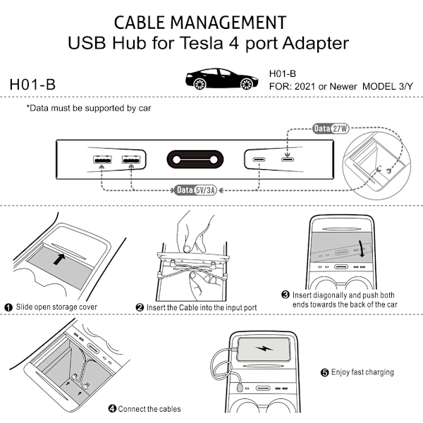 USB Hub 27W Dataoverførselsadapter Dockingstation til Bil 3/Y Midterkonsol