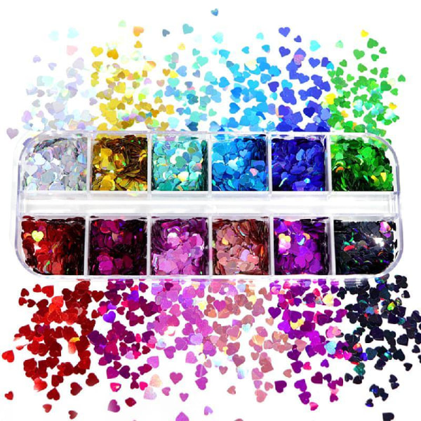 12 rutnät/låda 5 mm 3D Shiny Love Heart Paljetter Manikyrpaletter för form Holografiska glitterflingor