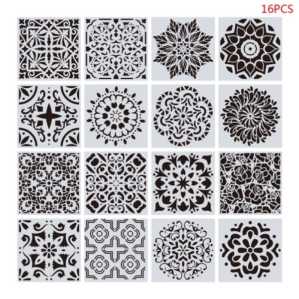 16 stk./sett Mandala Stensiler DIY Tegnemal Veggmaling for Tre Fliser Stein