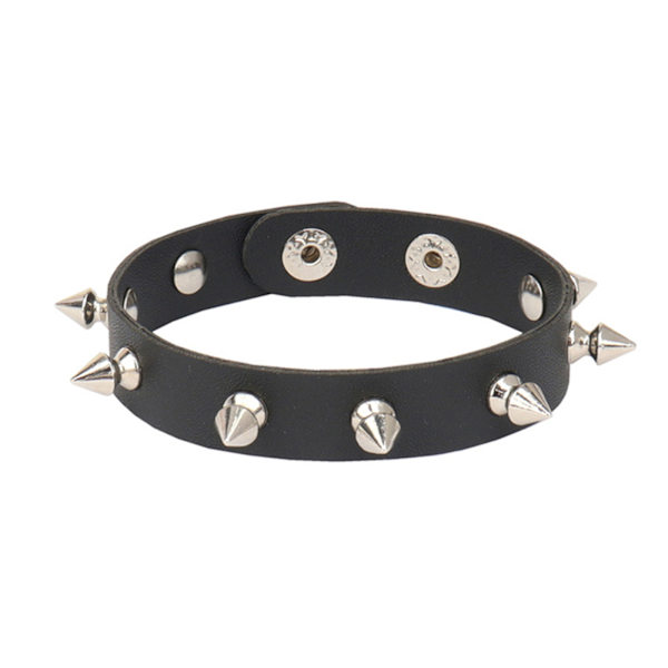 Armbånd med pigge og nitter, sort læder, punk armbånd, manchet, wrap bangle, trykknap, metal armbånd til mænd og kvinder