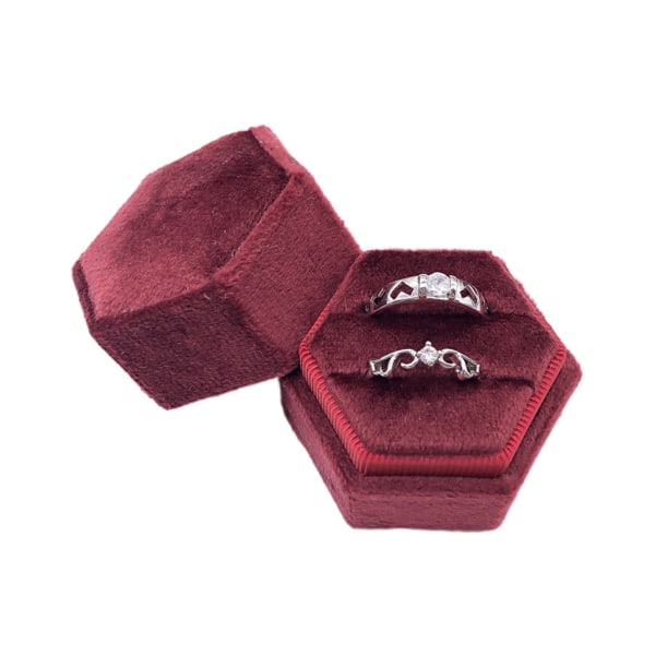 Hexagon Velvet Ring Box Dubbel Ring Display Hållare med avtagbart lock Ring Box Hållare för vigselvisning null - G88